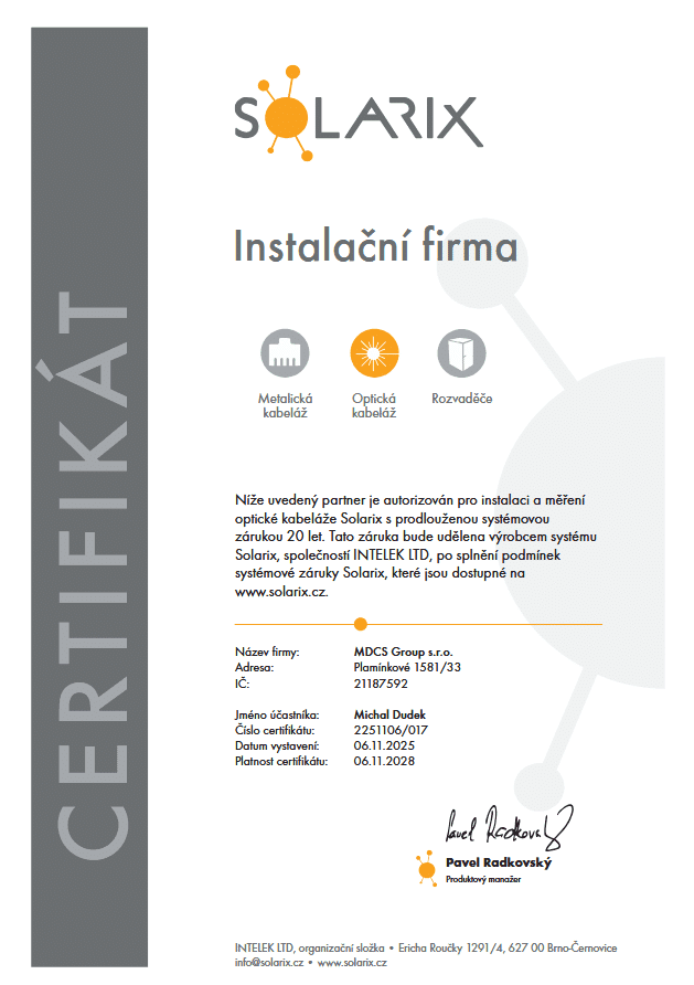 Solarix – certifikát optická kabeláž 2025